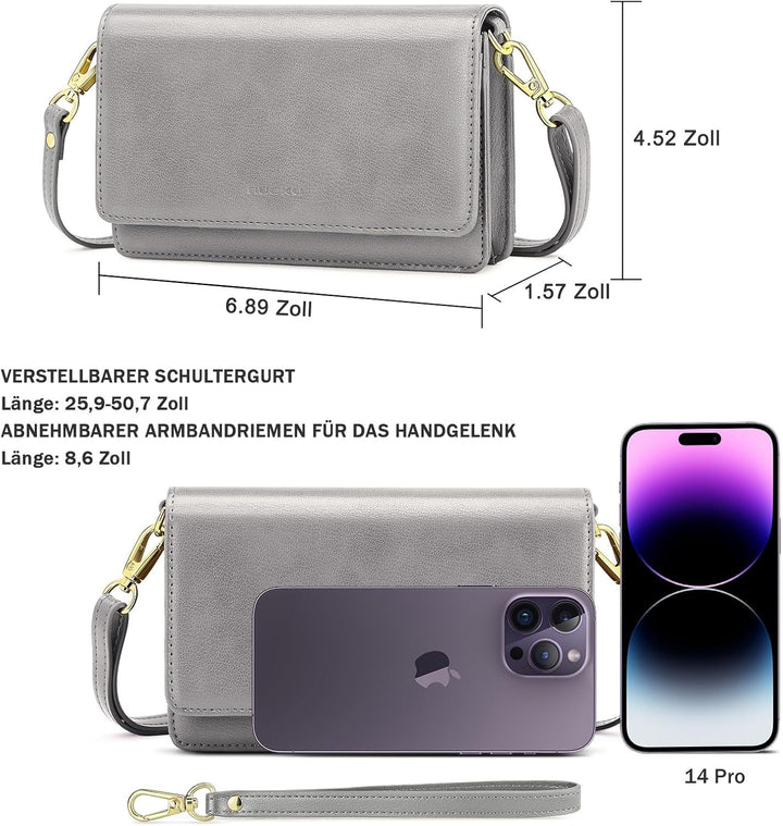 Nuoku Handytasche Zum Umhängen Damen mit Geldbörse, Crossbody Bag mit Funktionelle Fächer Grau, Grau