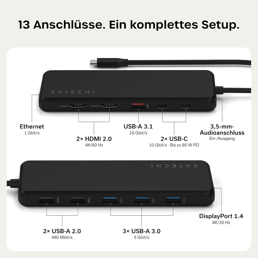 SATECHI 13-in-1 USB-C Multiport-Adapter, 3 Displays, Dual 4K HDMI