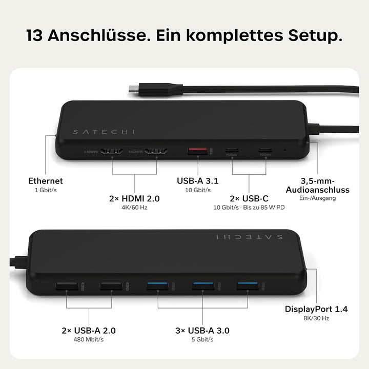 SATECHI 13-in-1 USB-C Multiport-Adapter, 3 Displays, Dual 4K HDMI