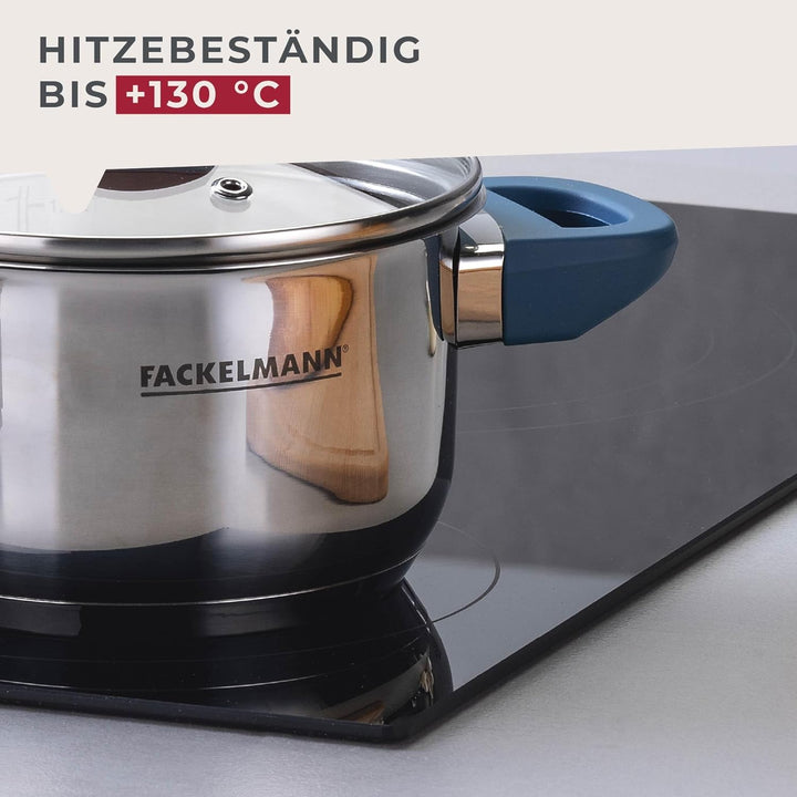 FACKELMANN Kochtopf Essential Ø 14 cm aus Edelstahl, dunkelblaue Bakelit-Griffe, energiesparender Ka