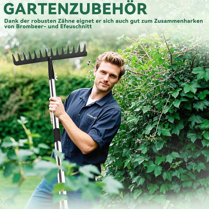 Harke Garten mit Stiel, Gartenrechen aus Metall mit 14 Zinken, Laubrechen mit Edelstahl Stiel zum Lo