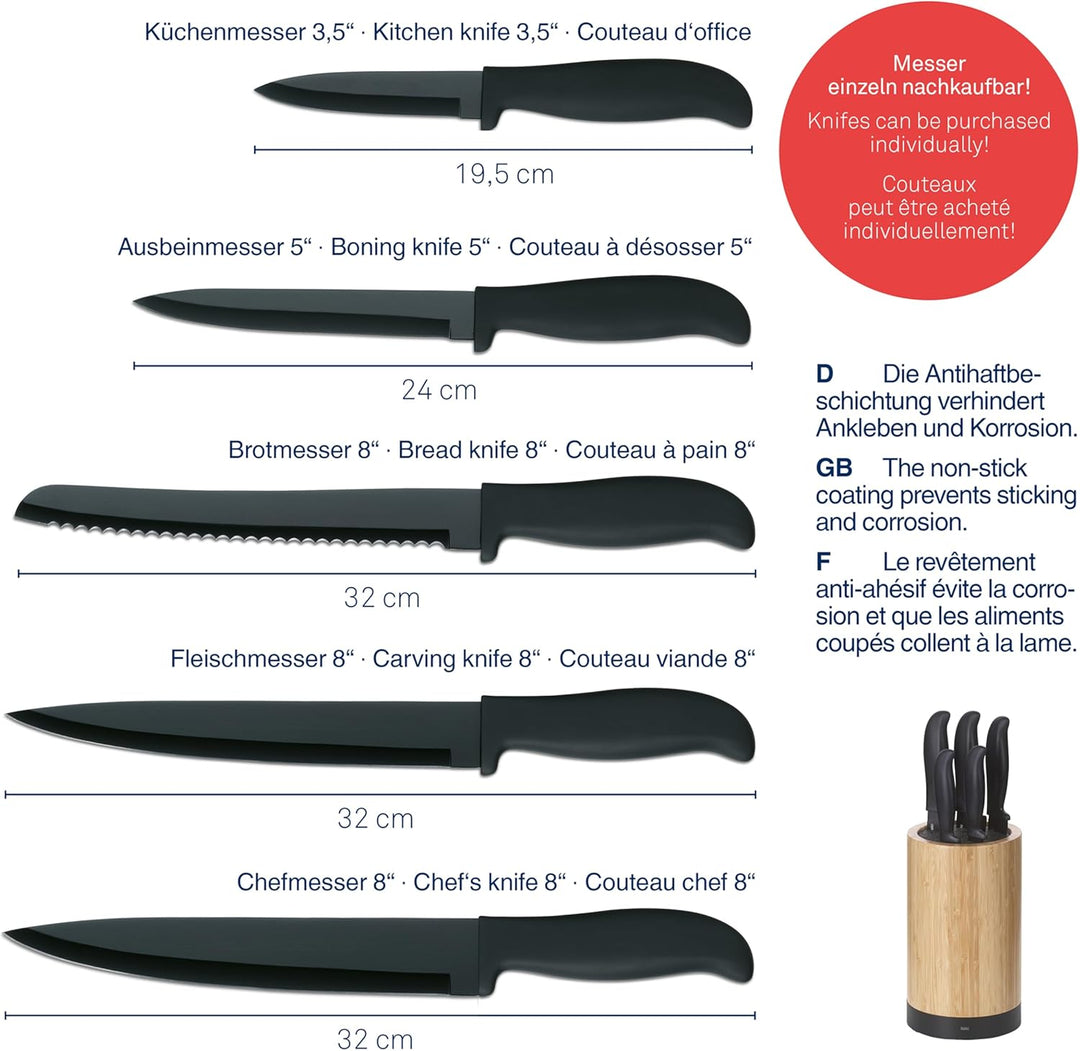 kela Messerblock mit Messerset ACIDA, 5 Messer, Bambusholz Messerhalter mit Borsteneinsatz, Ø 13 cm,