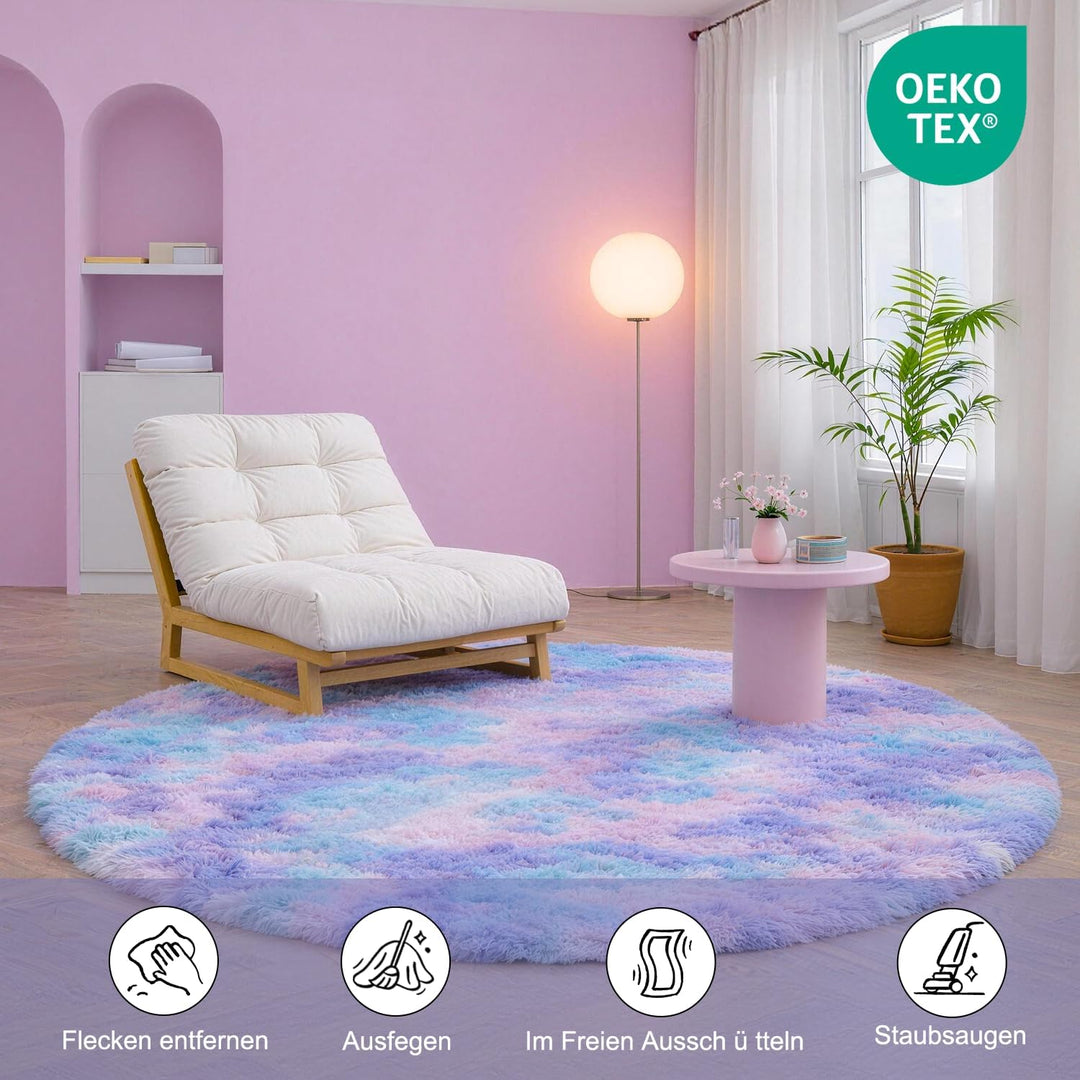 Runder Teppich 120 cm Blau-violett Waschbar Rutschfester Runder Hochflorteppich Wohnzimmer Schlafzim