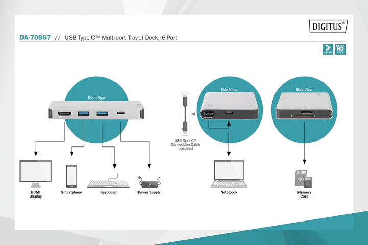 DIGITUS USB-C Travel Docking Station – 6 Ports – 1x HDMI (4K@30Hz) – 2x USB 3.0 / USB 2.0, 1x USB Ty