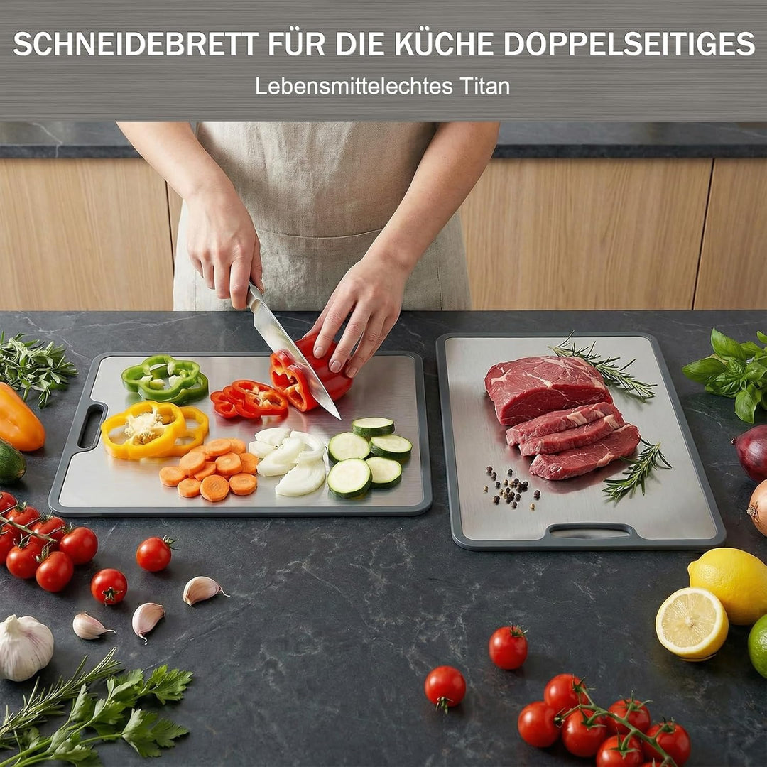 3 Stück Schneidebrett Titan Set, Schneidebrett Edelstahl mit Rutschfesten Silikonecken, Doppelseitig