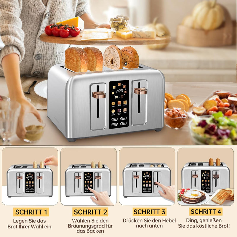 SEEDEEM Toaster 4 Slice, Stainless Toaster LCD Display&Touch Button, 50% Faster Heating Speed, 1.5&