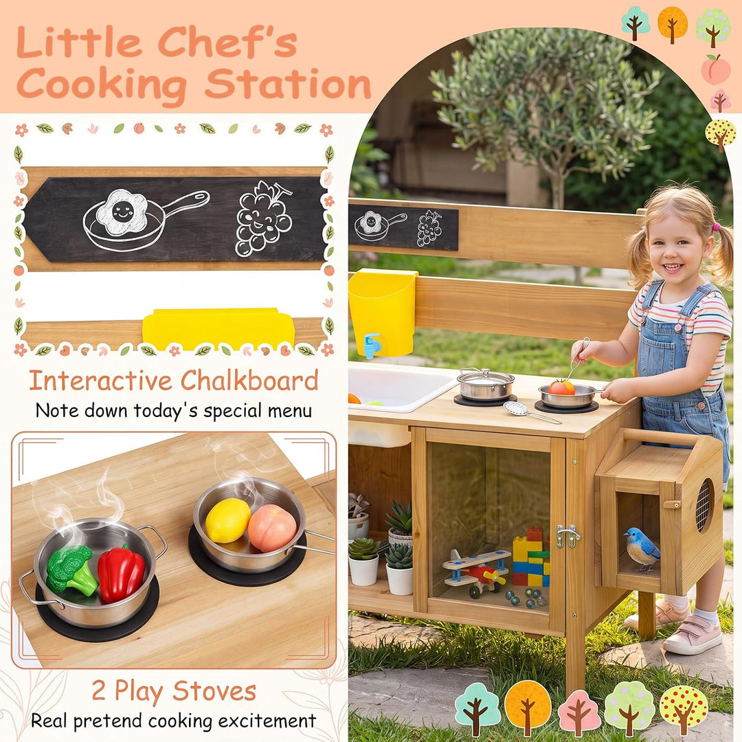 DREAMADE Matschküche Kinder Outdoor, Mud Kitchen Holz | Küche Kinder mit Rankgitter, Pflanzkasten &amp;