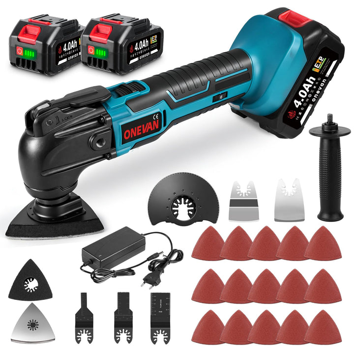 ONEVAN Akku Multifunktionswerkzeug, 2 * 4.0Ah Akkus, Multitool Oszillationswerkzeug, 22 Zubehör, 4°O
