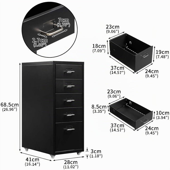 HollyHOME Mobiler Aktenschrank mit 5 Schubladen, rollender Akten-Organizer, Metall-Aufbewahrungsschr