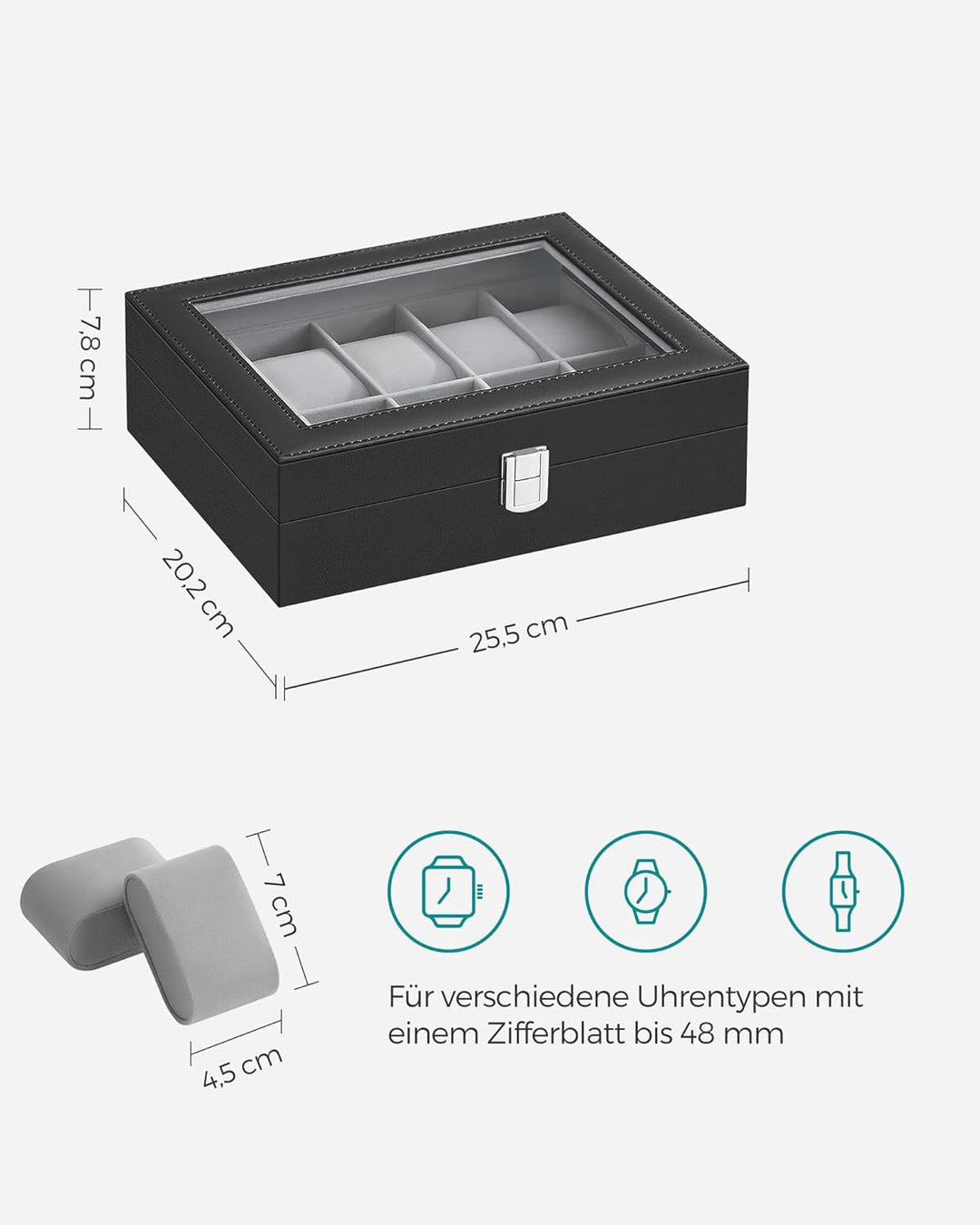 SONGMICS Uhrenbox mit 10 Fächern, Uhrenkasten mit Glasdeckel, Uhrenkoffer mit Herausnehmbaren Uhrenk