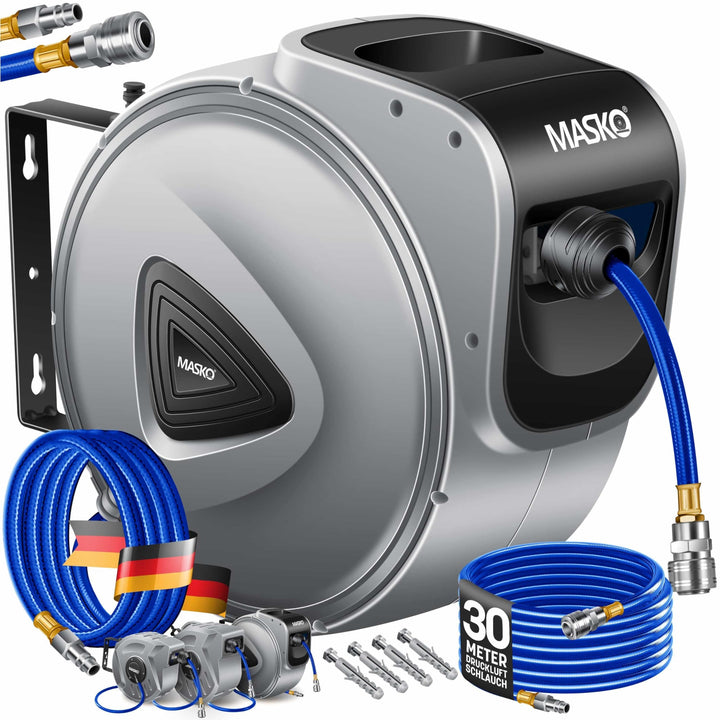 MASKO® Automatik Druckluftschlauch Aufroller 30m – Schlauchtrommel mit 1/4" Anschluss, Schlauchaufro