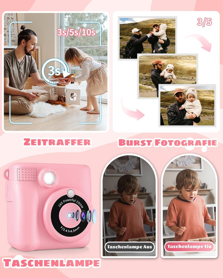 YKSLEMON Kinderkamera Sofortbildkamera, 2,4'' Bildschirm Sofortbildkamera Kinder, 24MP-1080P Digital