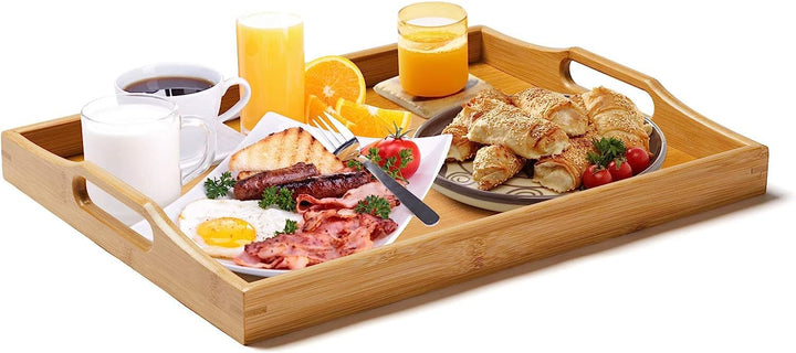 Superbe Grosse Bambus Serviertablett mit Griffen, Holz Tablett für Frühstück, Tee, Couchtisch, Dekor