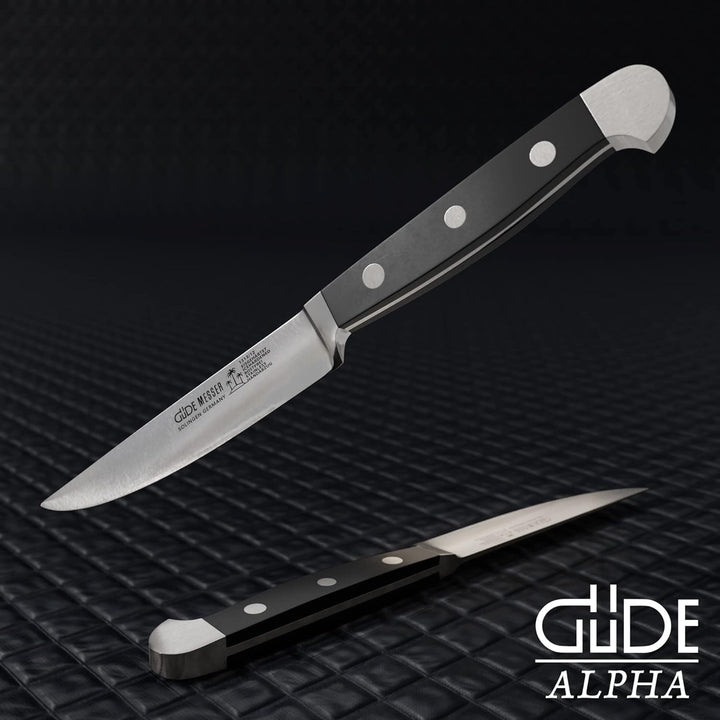 GÜDE Solingen - Steakmesser Glatt geschmiedet, 12 cm, POM schwarz, ALPHA, Doppelkropf, Handmade Germ