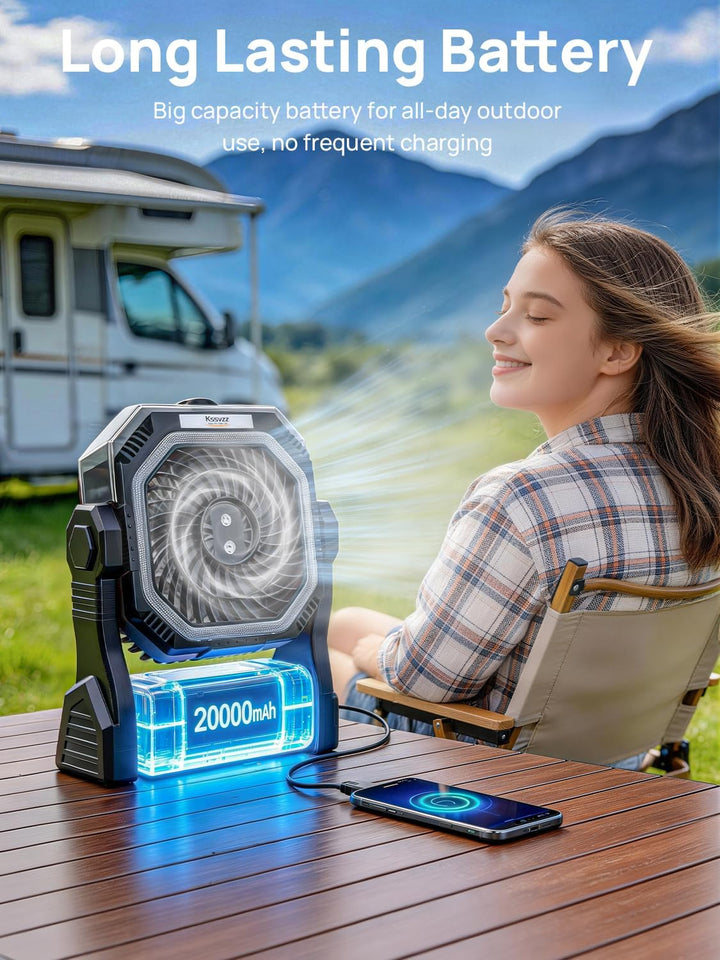 Kssvzz Camping Ventilator mit Sprühnebel, 20000mAh Wiederaufladbarer Tragbarer Akku Ventilator mit 3