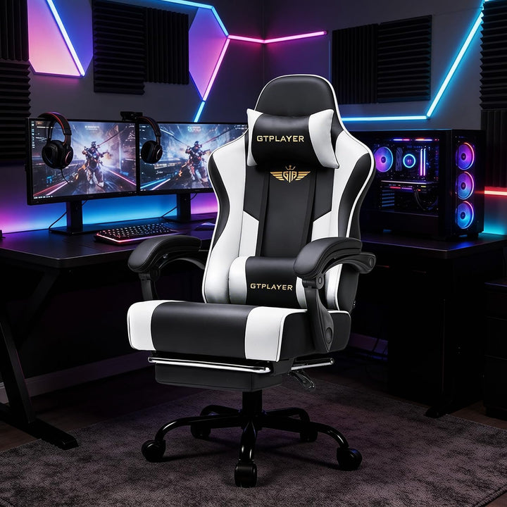 GTPLAYER Gaming Stuhl Chair Gamer Sessel - Ergonomischer Gamer Stuhl mit Fussstütze Kopfstütze und L