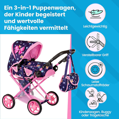 Kinderplay Puppenwagen ab 1 2 3 Jahre Kinderwagen Spielzeug - 3 in 1, Puppenwagen mit Herausnehmbare