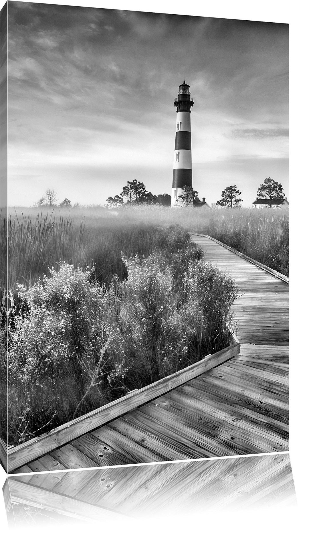 Pixxprint Leuchtturm im Nebel / 100x70cm Leinwandbild bespannt auf Holzrahmen/Wandbild Kunstdruck De