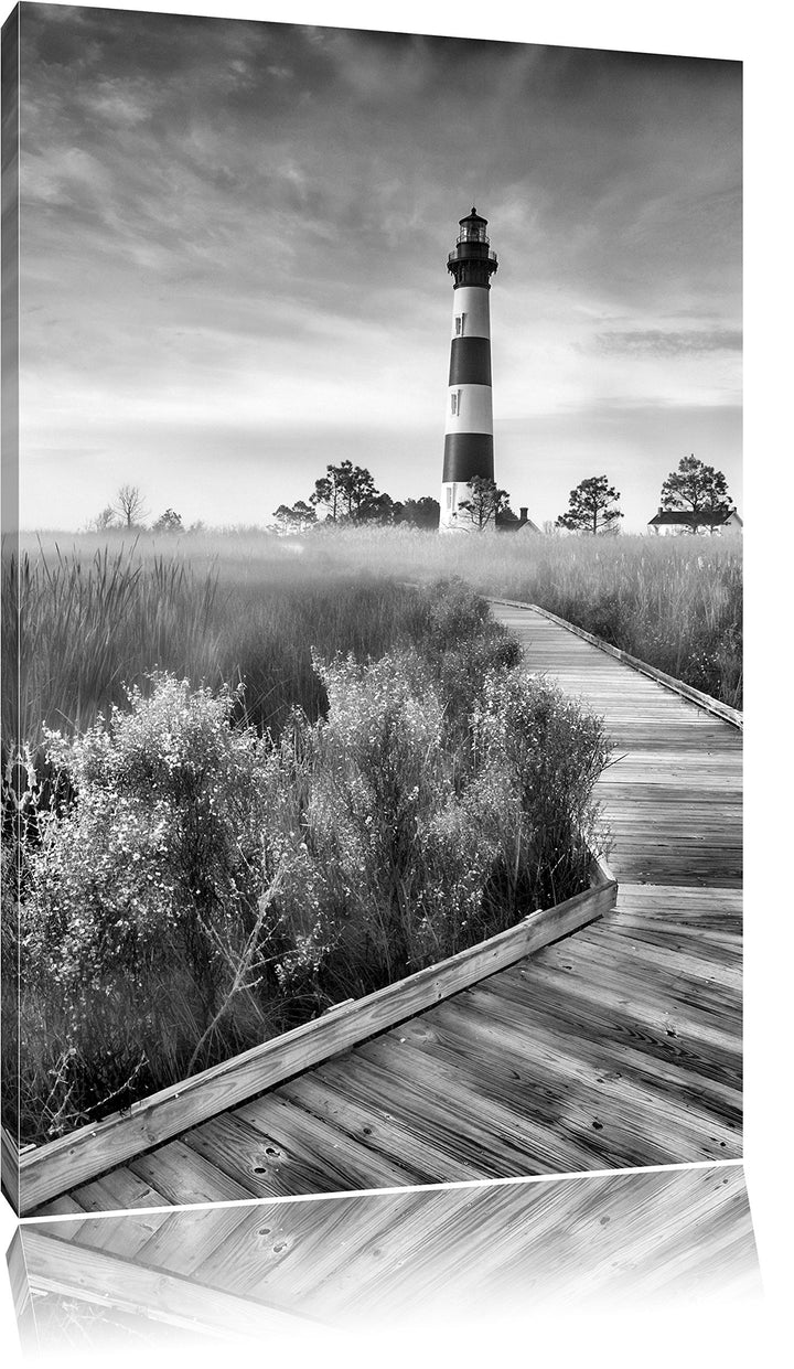 Pixxprint Leuchtturm im Nebel / 100x70cm Leinwandbild bespannt auf Holzrahmen/Wandbild Kunstdruck De
