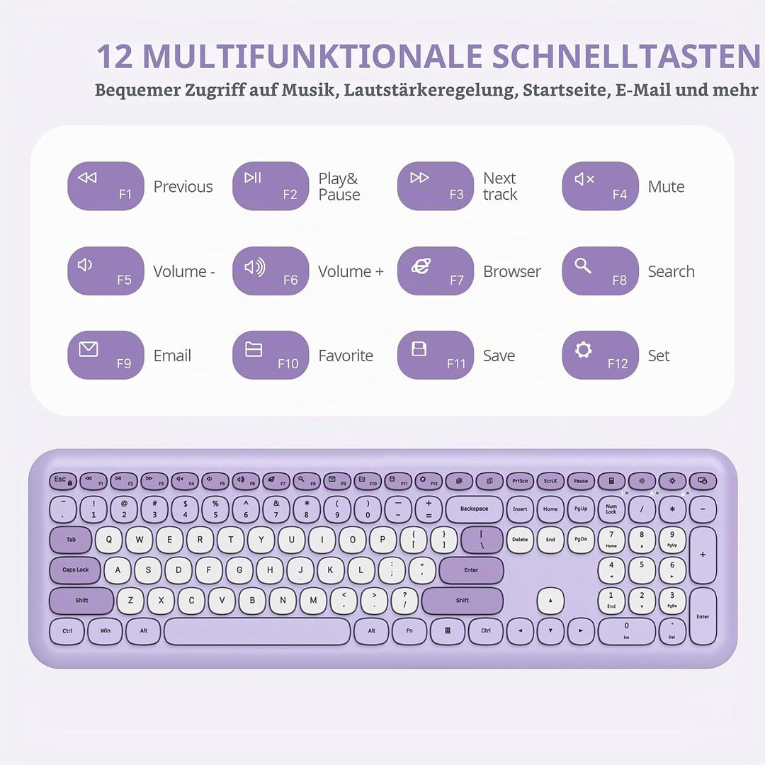 SOLIDEE Buntes kabellose Tastatur und Maus-Kombination,2.4GHz Retro Schreibmaschine Tastatur,104 Tas