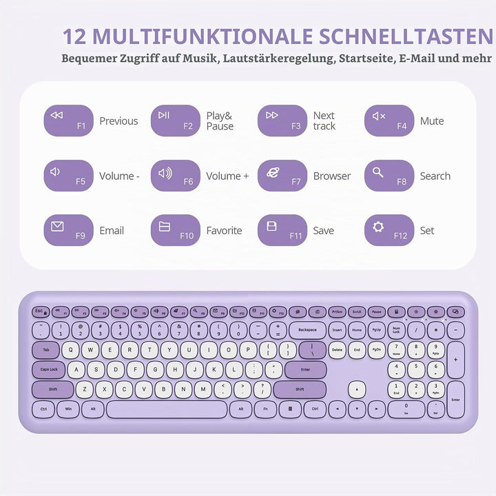 SOLIDEE Buntes kabellose Tastatur und Maus-Kombination,2.4GHz Retro Schreibmaschine Tastatur,104 Tas