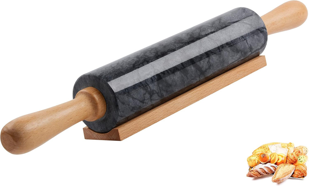 Marmor-Nudelholz mit Holzwiege, dicker Griff, Set zum Backen, 47 cm, hochwertige polierte Walze für