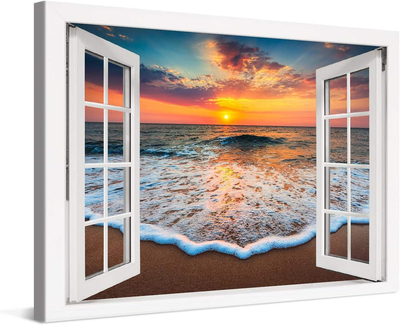 PICANOVA – Bild auf Leinwand Sonnenuntergang am Meer Fenster 60x40cm – Leinwandbild – Premium Leinwa