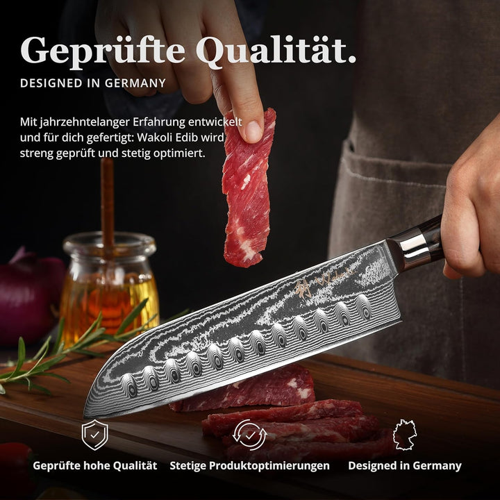 Wakoli EDIB Essentials 2er Damast Küchenmesser Set - 12cm & 18cm Santoku Messer aus 67 Lagen Damasts