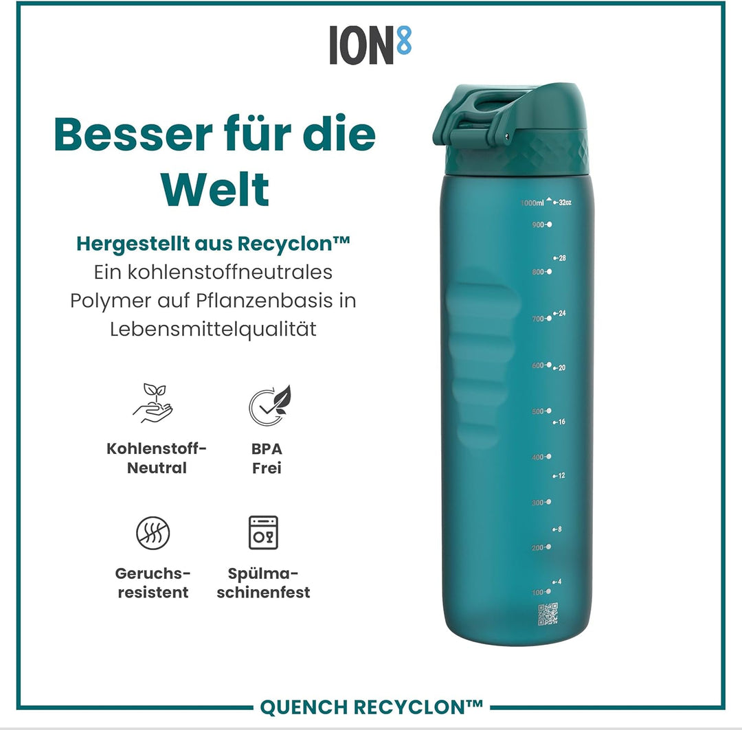 ion8 1 Liter Trinkflasche, 1000ml, Auslaufsicher, Einhandöffnung, Sichere Verriegelung, Spülmaschine