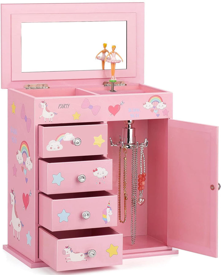 Schmuckkästchen für Mädchen mit 5 Schichten, Schwenktür, drehender Ballerina, Einhorn und Schlossdes