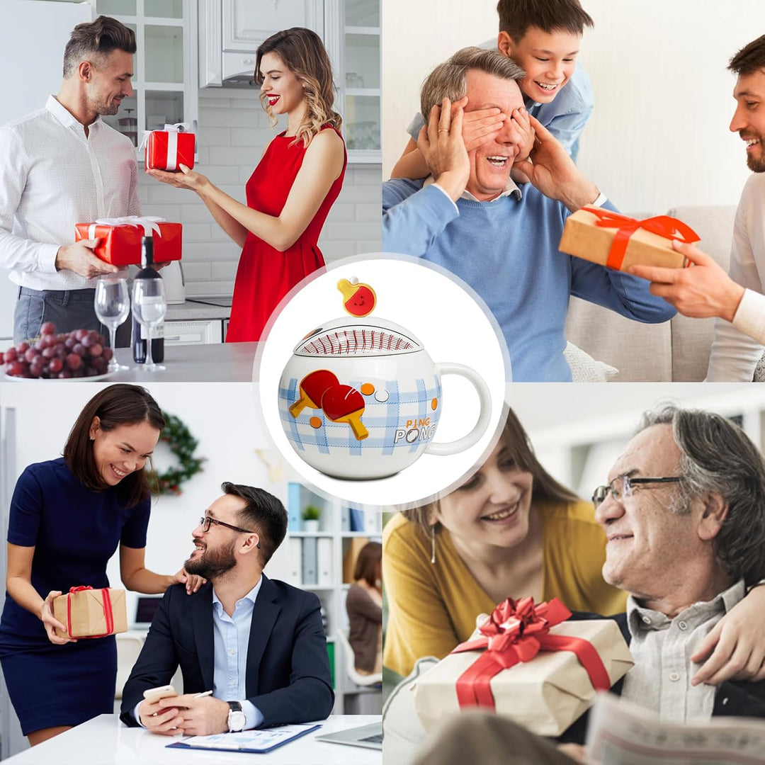 Lustige Tischtennis Kaffeetasse, Pingpong Keramik Becher, Ballform Cappuccino Tassen mit Deckel, Ges