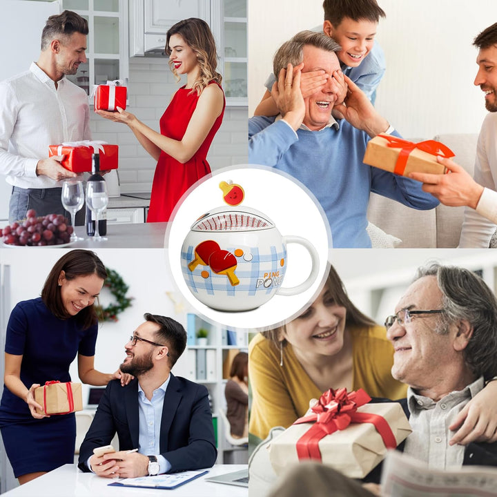 Lustige Tischtennis Kaffeetasse, Pingpong Keramik Becher, Ballform Cappuccino Tassen mit Deckel, Ges