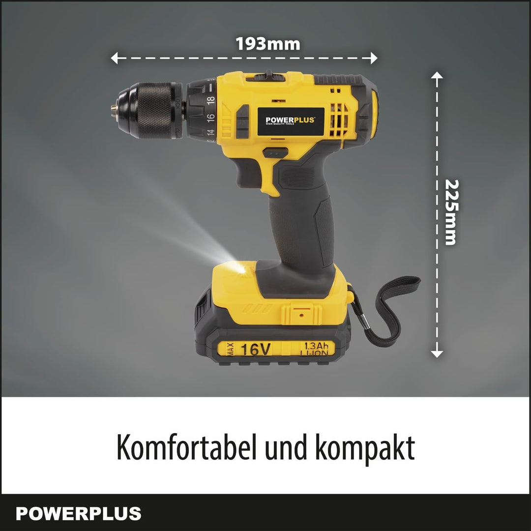 Powerplus Akkuschrauber & Bohrer POWX00425 - Akku Schraubendreher & Bohrer 16V, inkl. 2 x 1,3Ah Akku