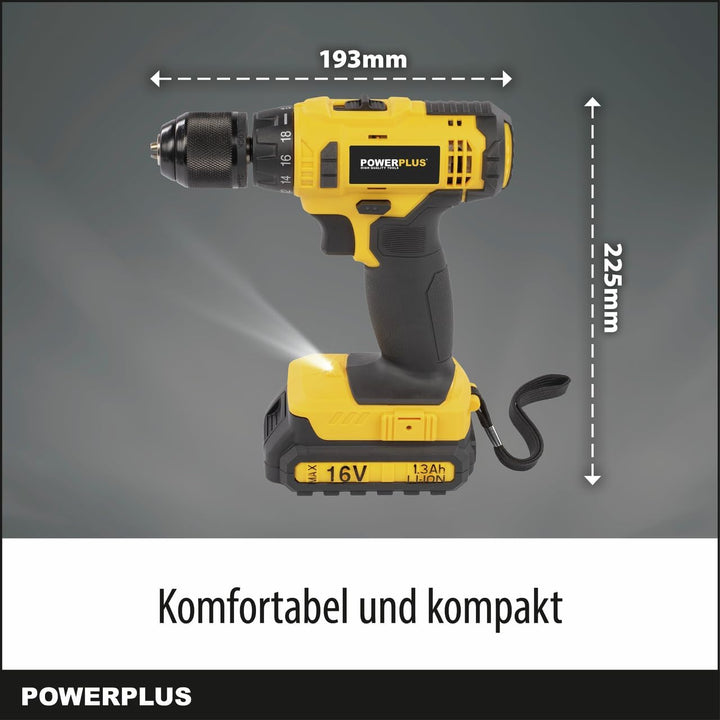 Powerplus Akkuschrauber & Bohrer POWX00425 - Akku Schraubendreher & Bohrer 16V, inkl. 2 x 1,3Ah Akku