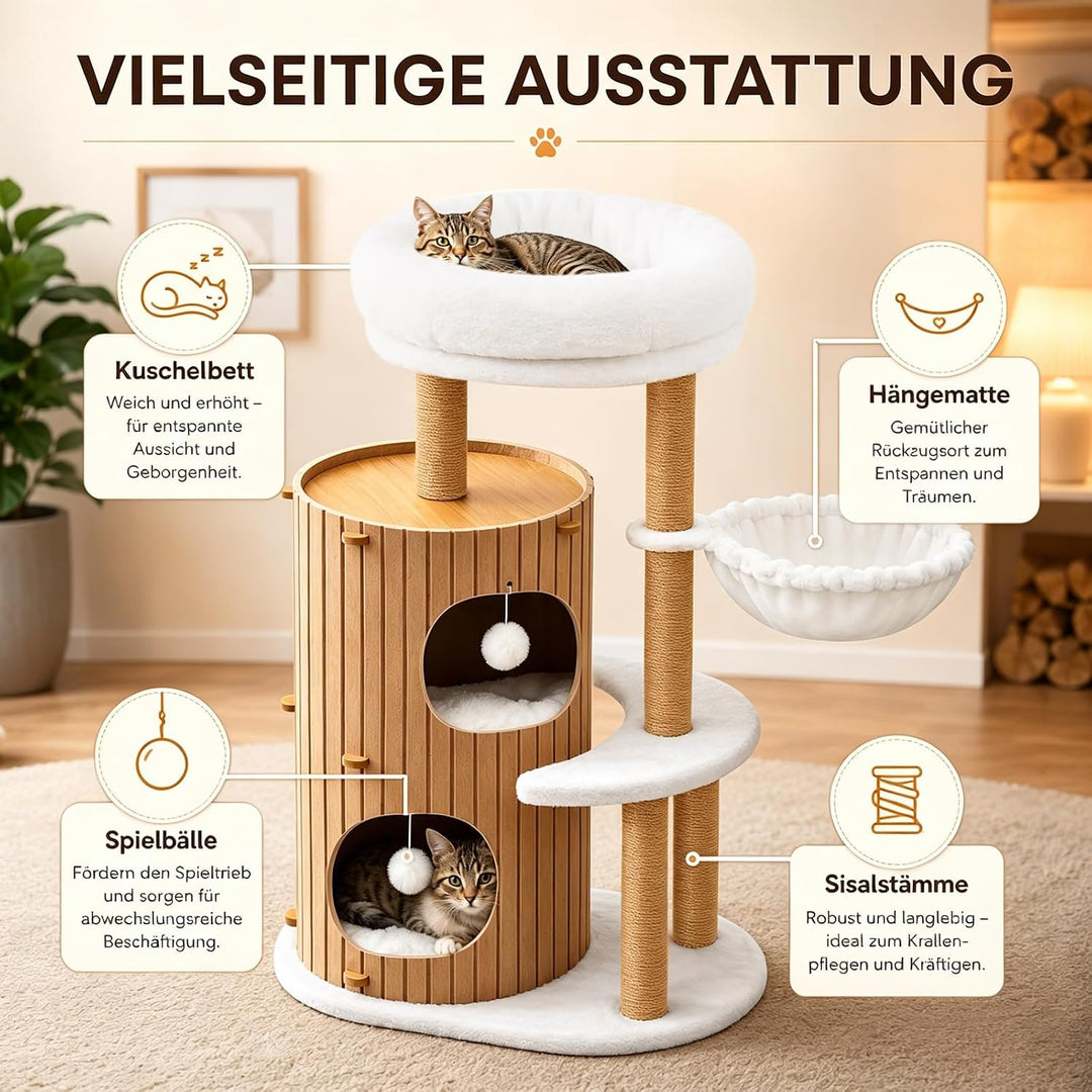 Premium kratzbaum mit 2er Kratztonne, Katzenbaum＆Grosse Plattformen | Sisalstämme, Kratzrampe, Katze