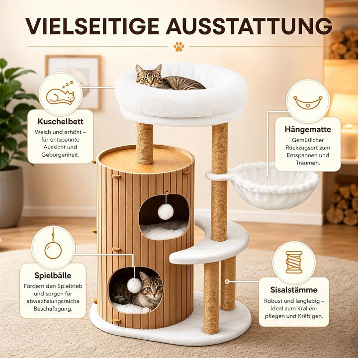 Premium kratzbaum mit 2er Kratztonne, Katzenbaum＆Grosse Plattformen | Sisalstämme, Kratzrampe, Katze