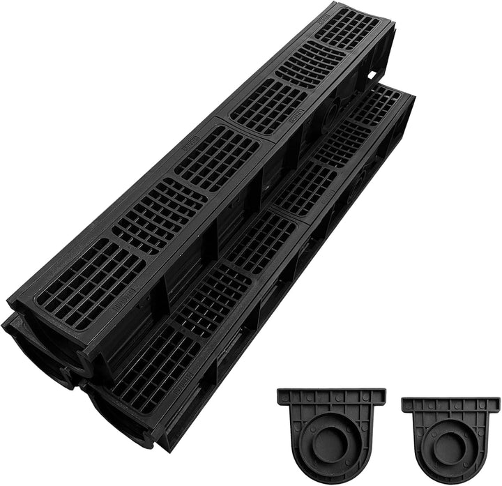 3m Entwässerungsrinne mit B125 HDPE-Abdeckrost - 1000 x 155 x 140 mm - Bodenrinne Ablaufrinne für Ga