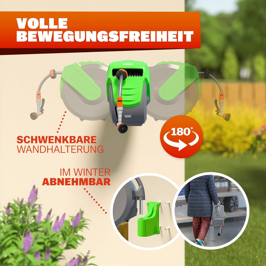 GARDEBRUK® Schlauchtrommel 20m + 2m mit Wandhalterung Garten 1/2' Multifunktions-Handbrause Schlauch