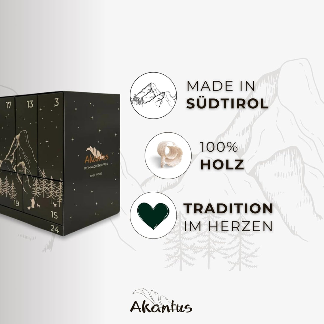 Akantus Adventskalender – mit geschnitzter Steckkrippe & Holz-Weihnachtsschmuck – liebevoll gefertig