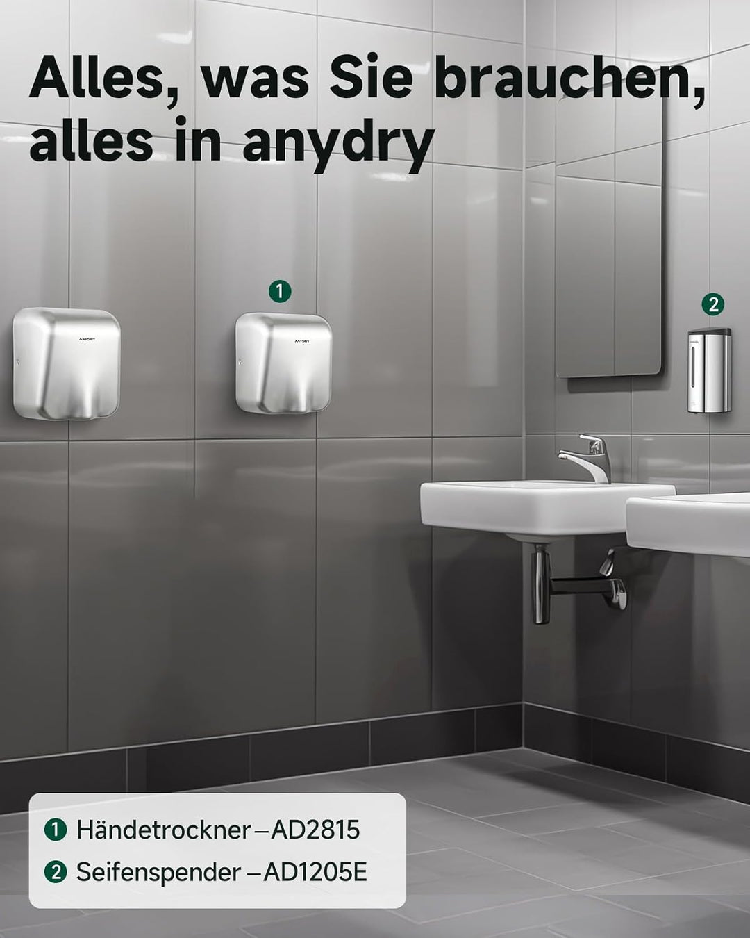 anydry Gewerblicher Händetrockner Edelstahl Heavy Duty mit HEPA-Filter | 8-10s Schnelles Trocknen, D