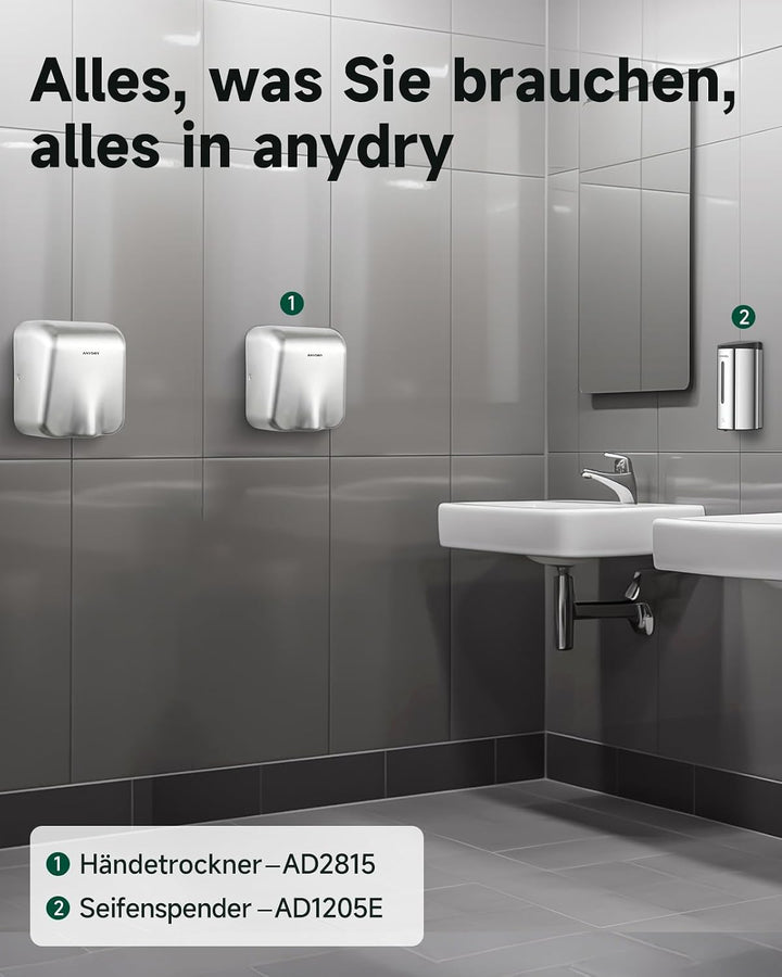 anydry Gewerblicher Händetrockner Edelstahl Heavy Duty mit HEPA-Filter | 8-10s Schnelles Trocknen, D