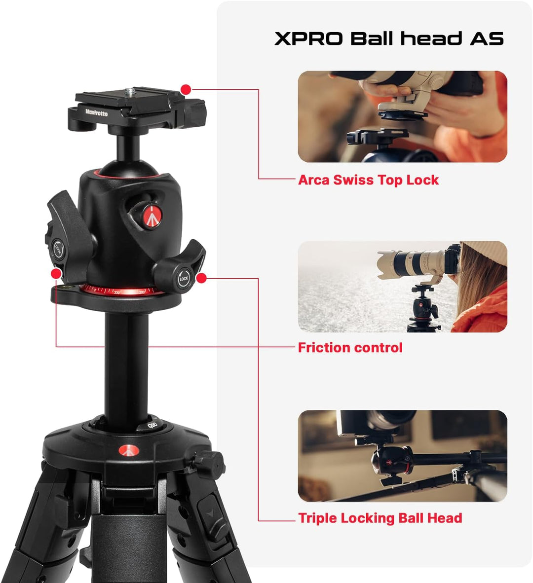 Manfrotto ONE Photo, Aluminium‑Stativ‑Kit mit XPRO Kugelkopf Arca‑Swiss, 12 kg Tragkraft, 90° Horizo