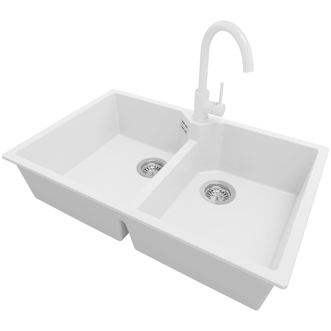 Spülbecken Weiss 78 x 50 cm, Granitspüle + Küchenarmatur + Ablauf-Set, Küchenspüle ab 80er Unterschr