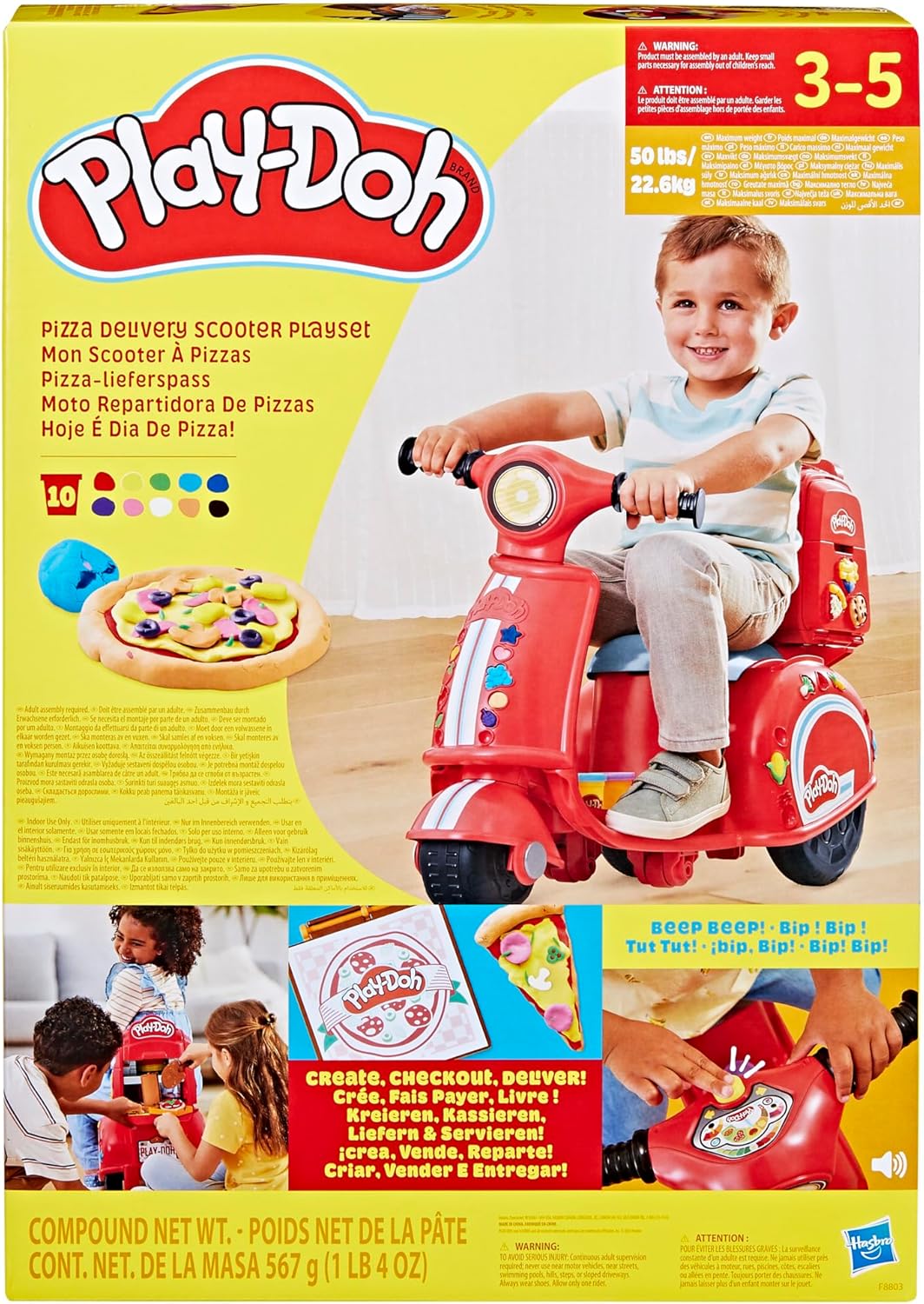 Play-Doh Pizza-Lieferspass, Scooter und Spielküche, 10 Dosen Knetmasse zum Pizza Backen, Bastel-Set
