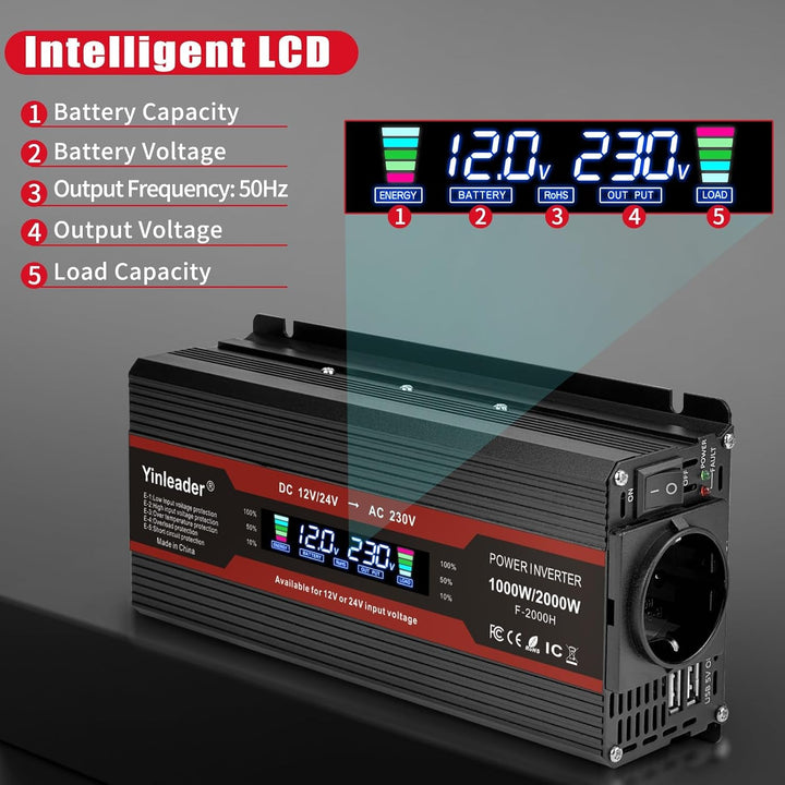 Yinleader Modifizierter Sinus Wechselrichter 12V/24V auf 230V Spannungswandler 1000W / 2000W LCD-Dis
