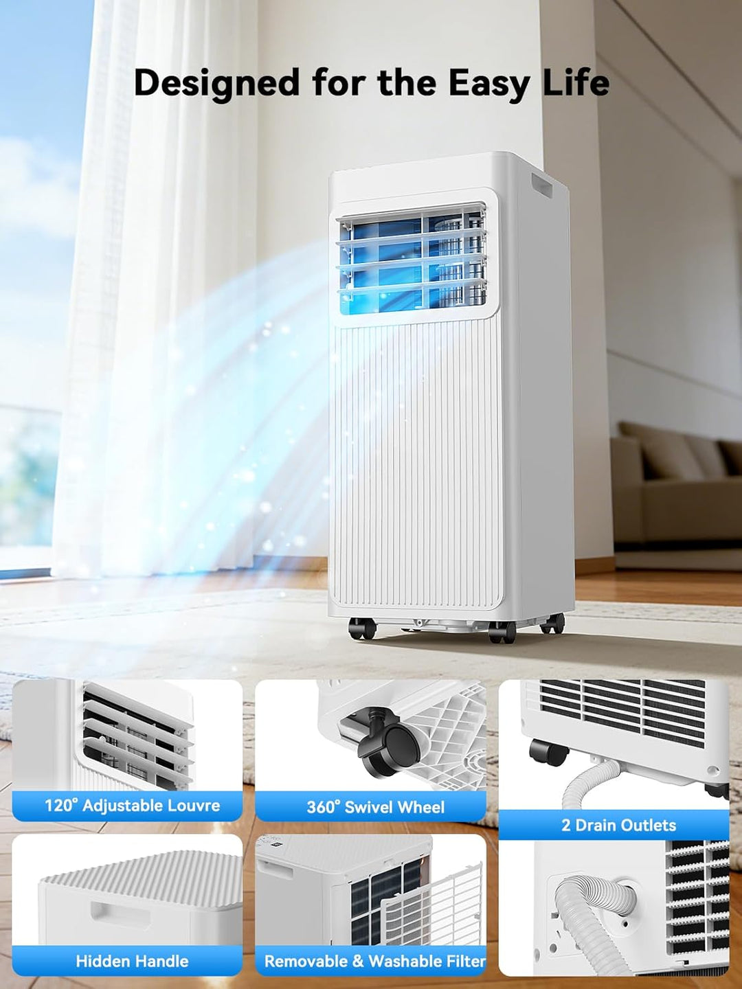 Mobile Klimaanlage 7000 BTU, 4-in-1 Klimagerät mit Abluftschlauch &amp; 4m Fensterabdichtung für Schiebe