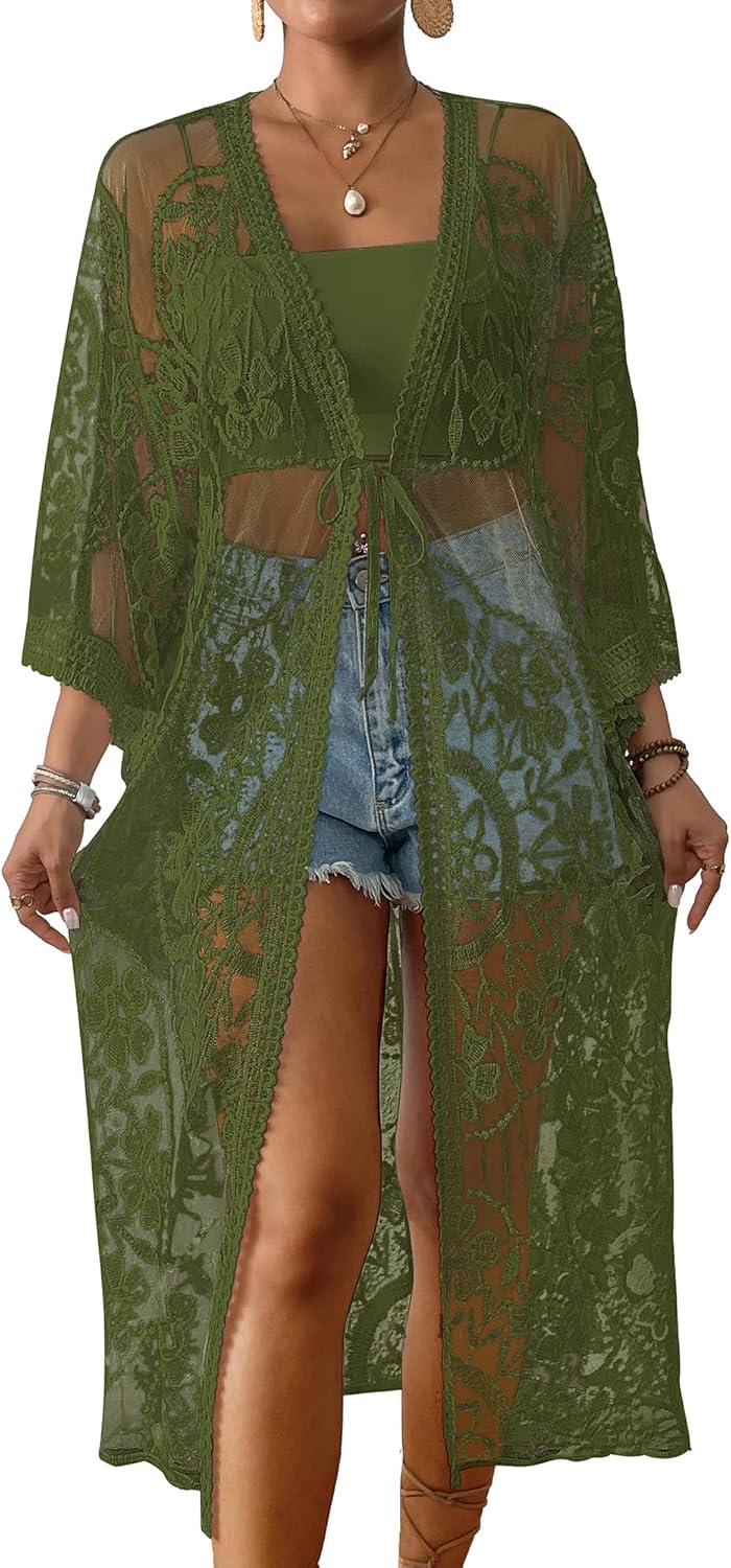 Bsubseach Damen Sexy Lace Crochet Open Front Badeanzug Strand Lange Kimono Cover Ups D-armee Grün, D