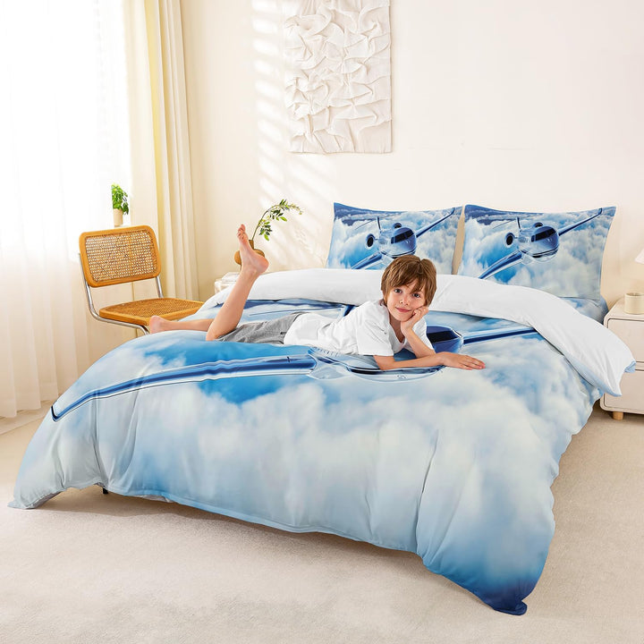 Homemissing Flugzeug Betten Set Flugzeug Drucken Bettwäsche Set 135x200cm für Kinder Jungen Mädchen