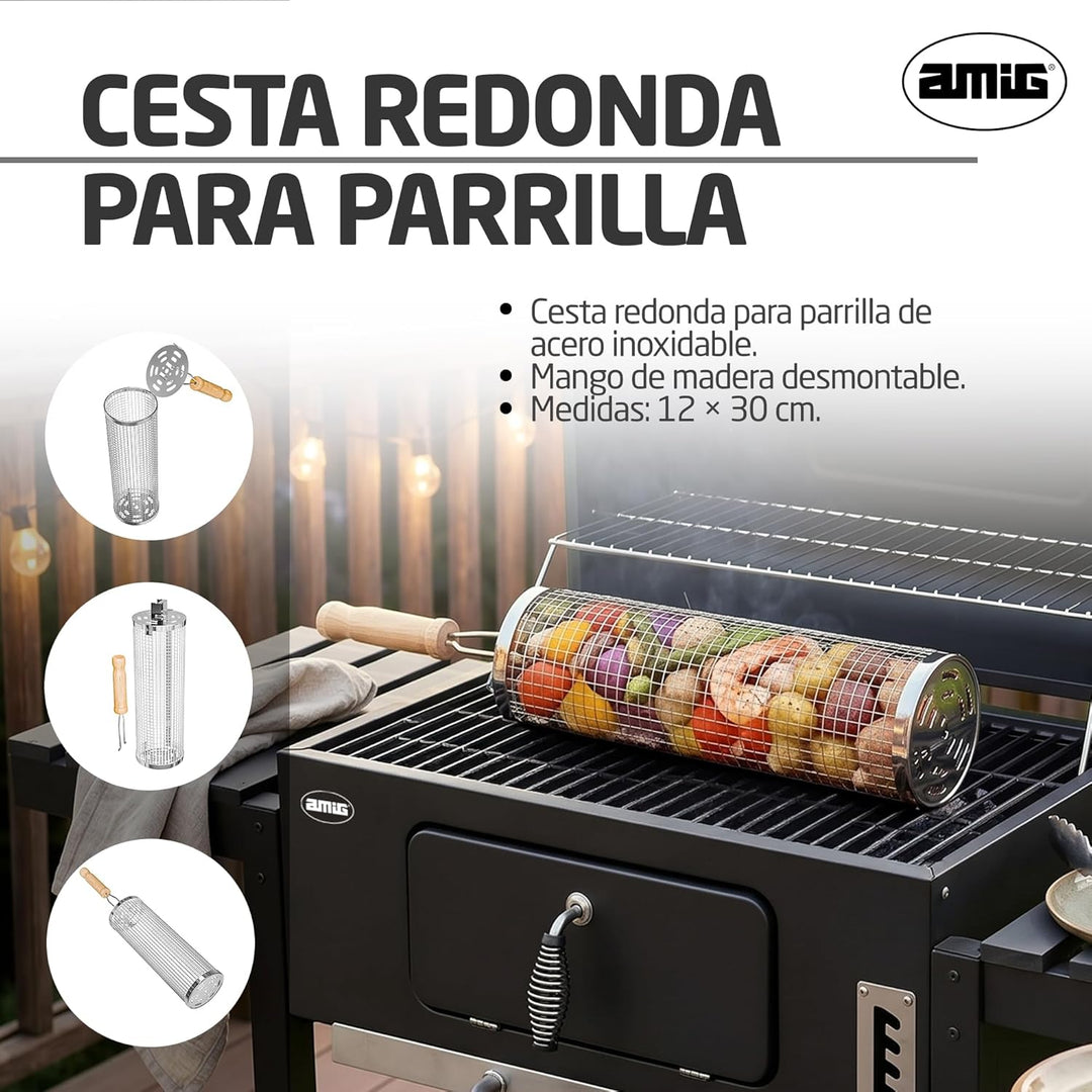 Amig - Rundkorb für Grill - 12 x 30 cm - Holzgriff - Edelstahlgrillkorb - Drehkorb für Grill im Gart