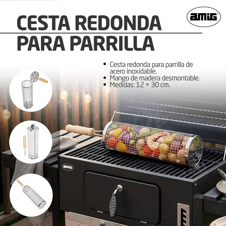 Amig - Rundkorb für Grill - 12 x 30 cm - Holzgriff - Edelstahlgrillkorb - Drehkorb für Grill im Gart